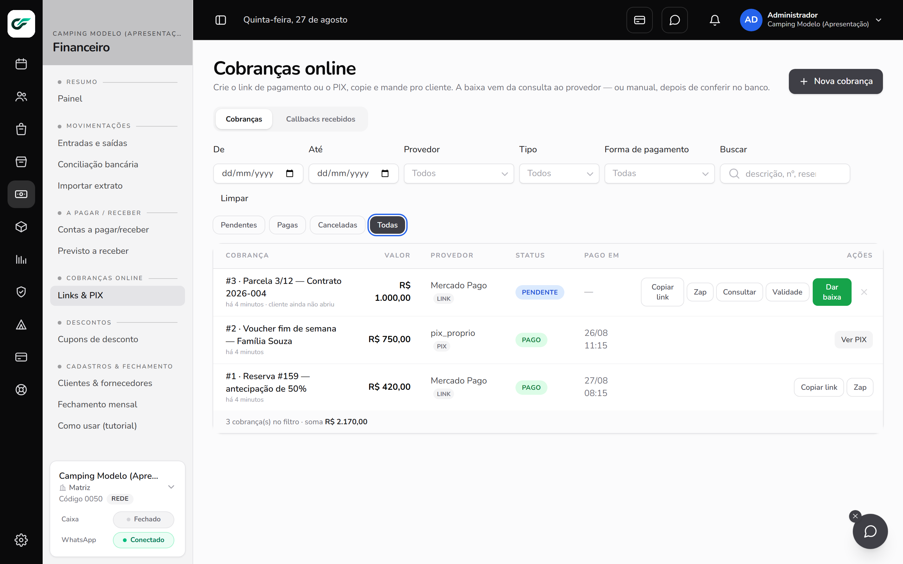 Cobranças online — links e PIX
