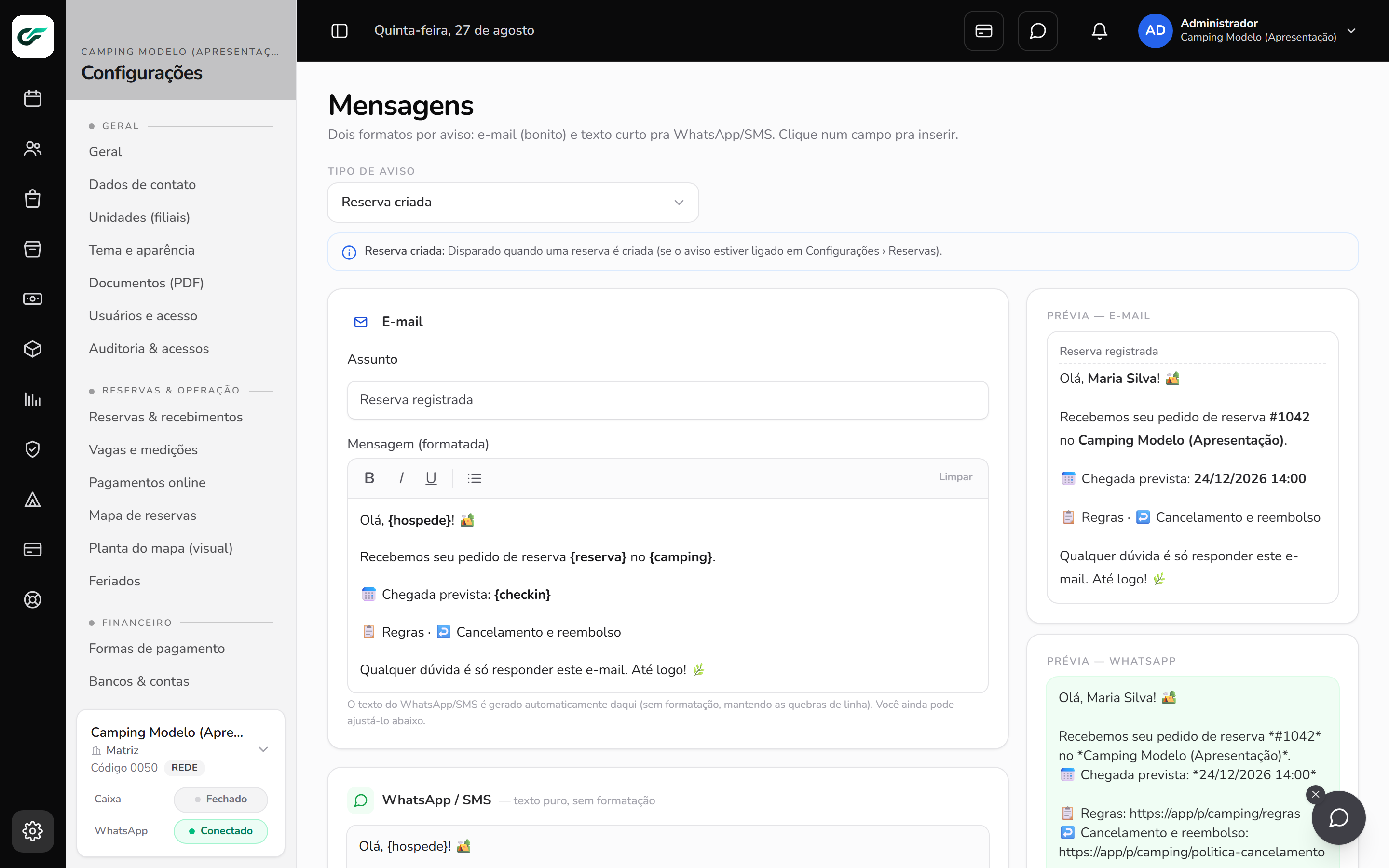 Modelos de mensagens com prévia do WhatsApp