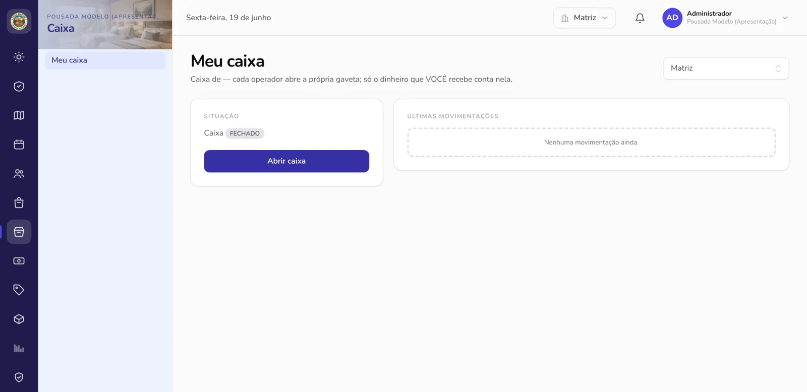 Tela de caixa da recepção com movimentações no CampFlow