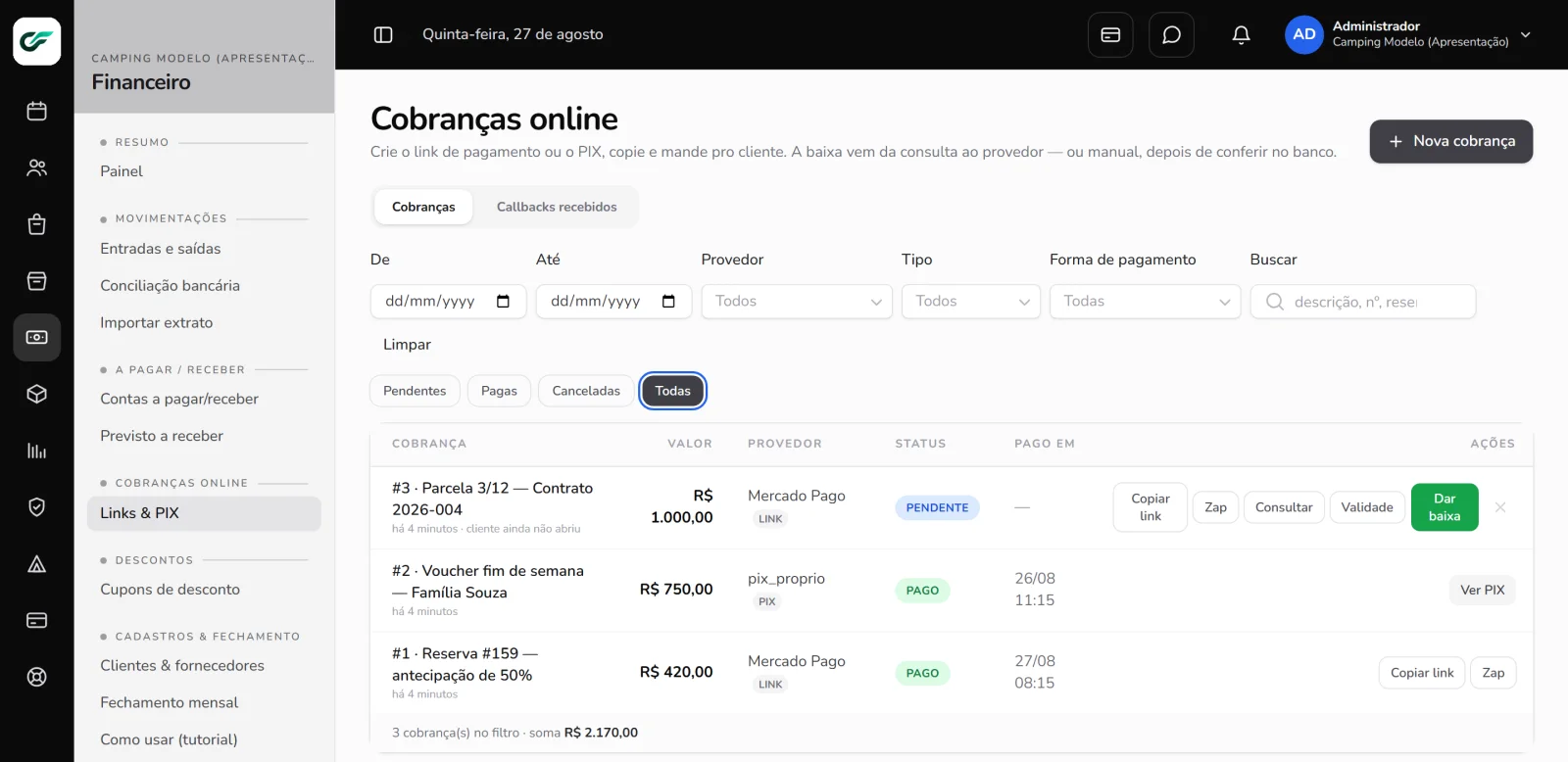 Tela de cobranças online por link e Pix no CampFlow