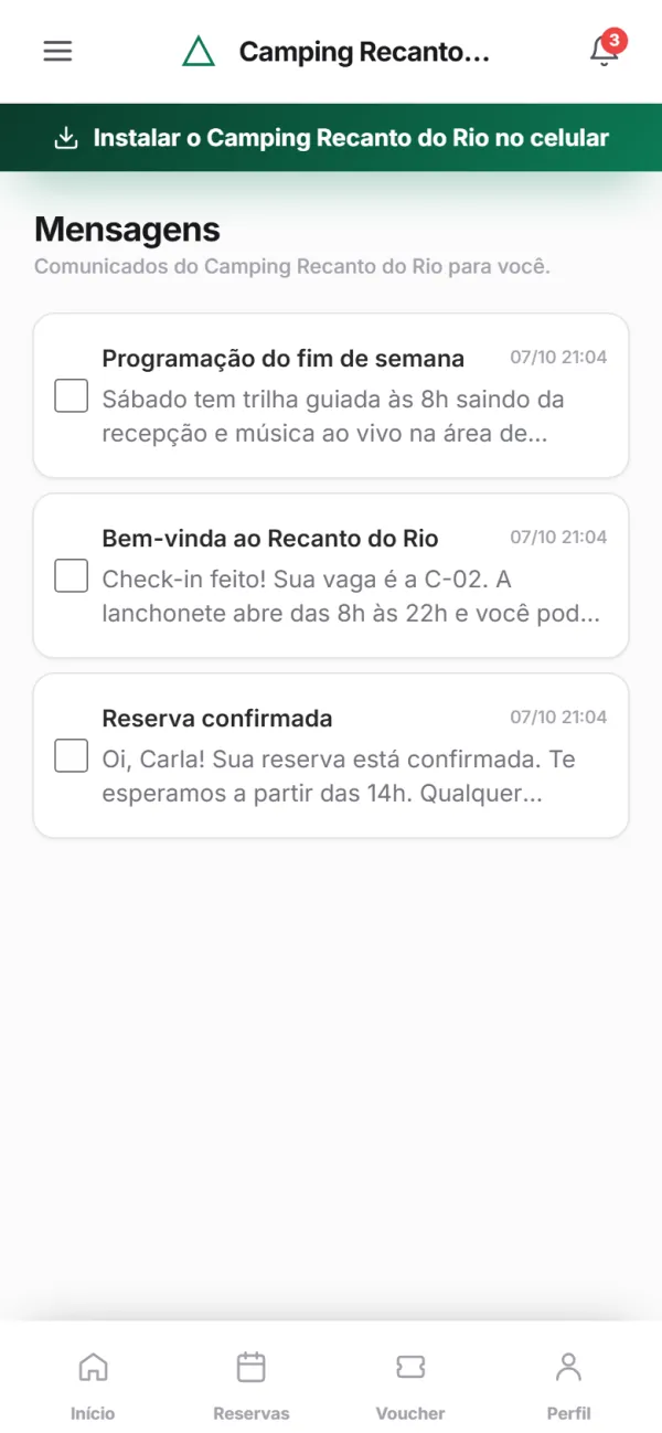 App para hóspedes — Mensagens: avisos do camping no app