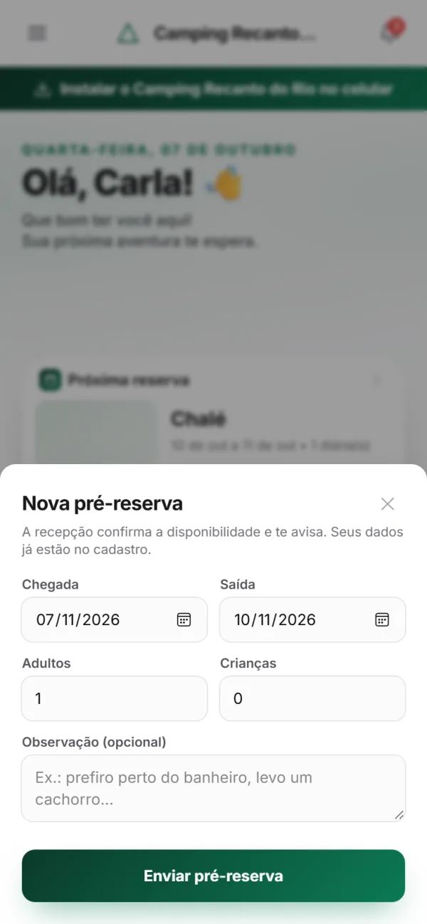 App para hóspedes — Nova pré-reserva: sem digitar os dados de novo