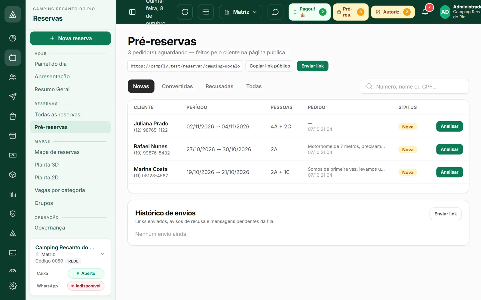 Tela de pré-reservas da recepção com os pedidos feitos pelo link de reserva online