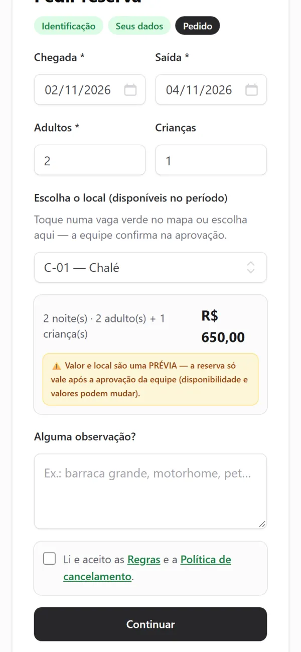 Reserva online no celular com a vaga escolhida e a prévia do valor da estadia