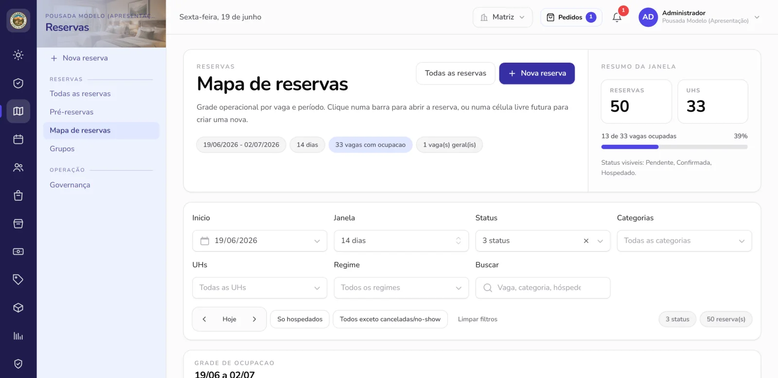 Mapa de reservas do CampFlow com vagas por período