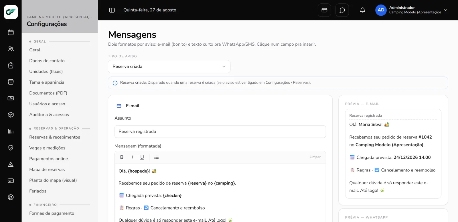 Configuração de mensagens automáticas por e-mail e WhatsApp no CampFlow