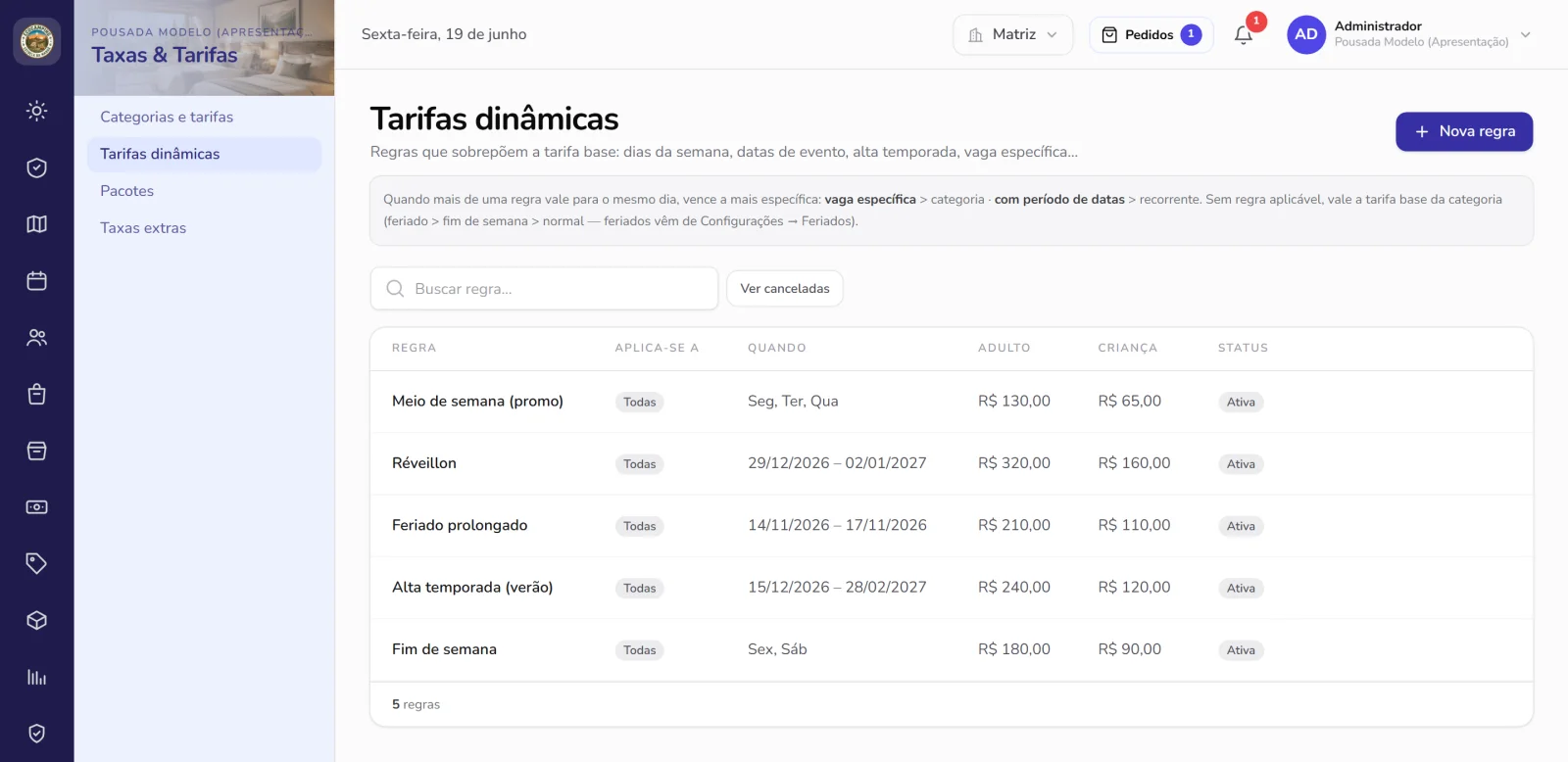 Tela de tarifas por período e regra no CampFlow