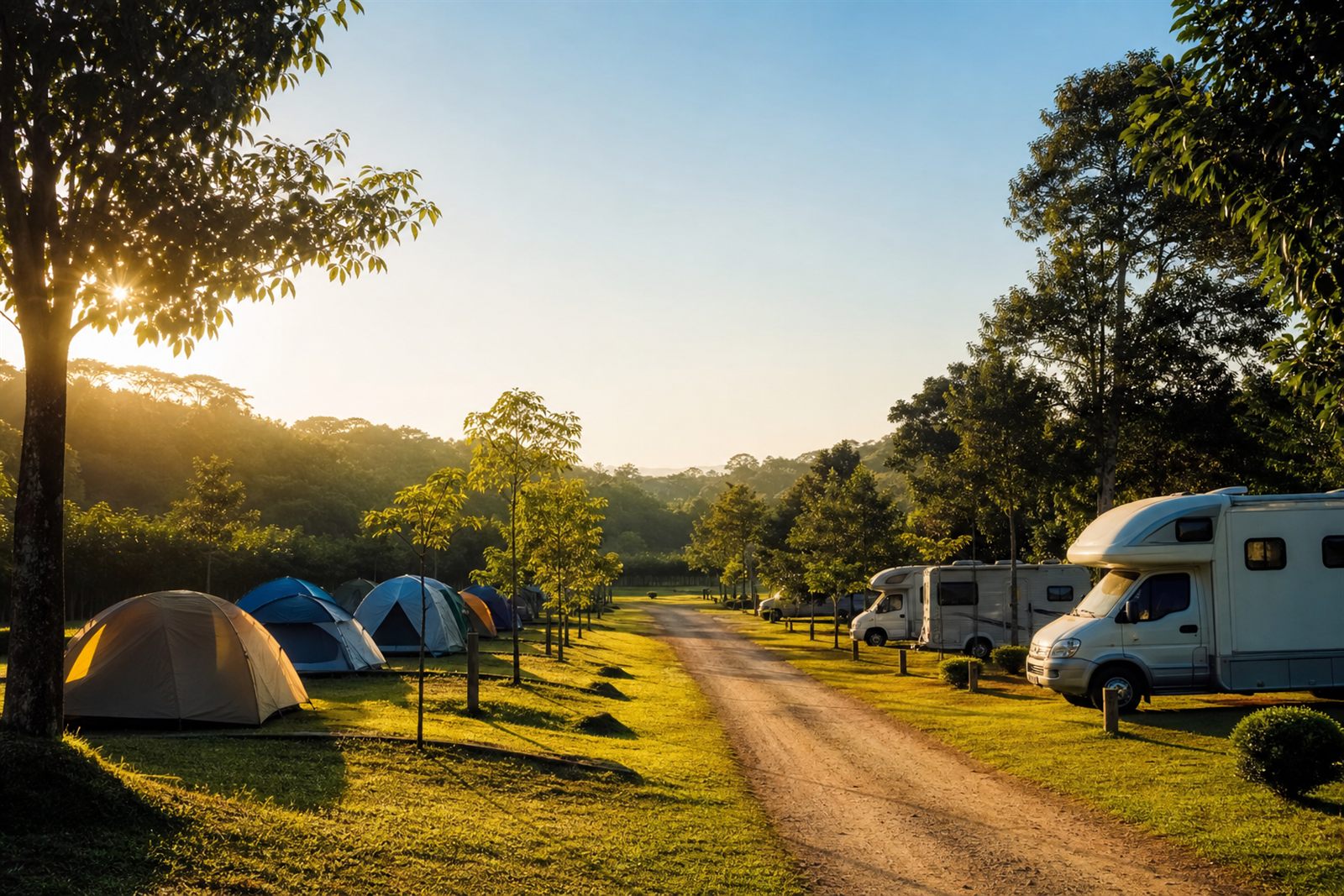 Camping organizado com barracas e motorhomes em vagas definidas