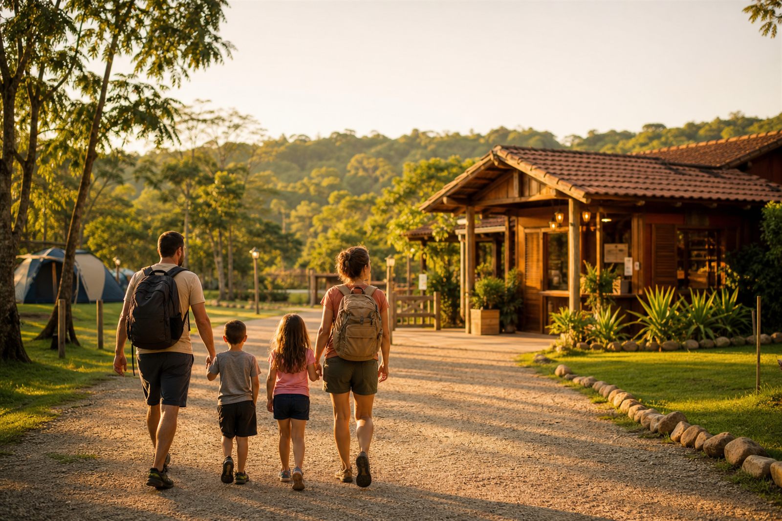 Família chegando a um camping organizado