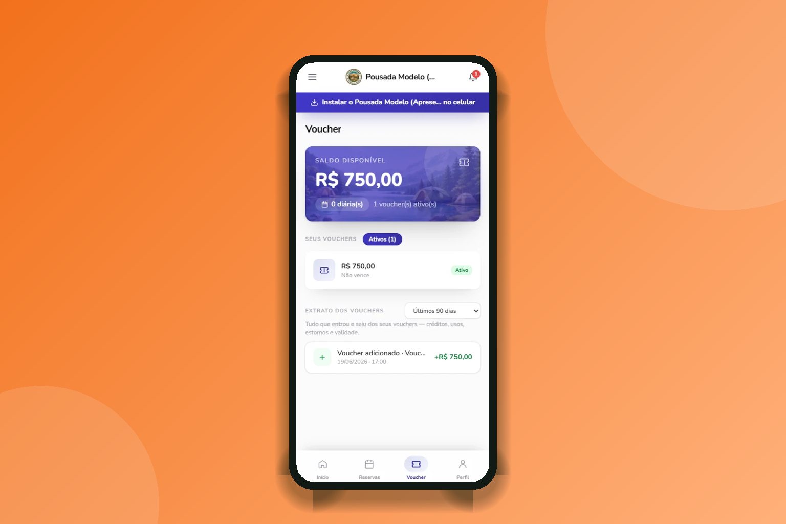 Voucher da reserva na área do hóspede, no celular