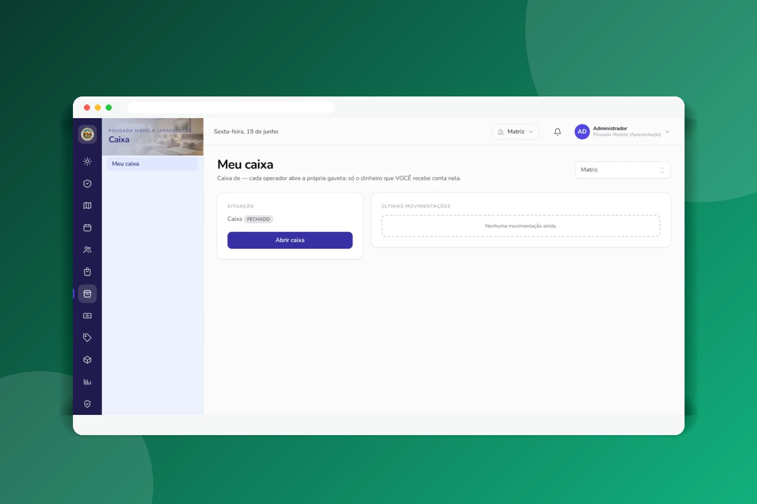 Tela de caixa da recepção com abertura, movimentações e fechamento no CampFlow