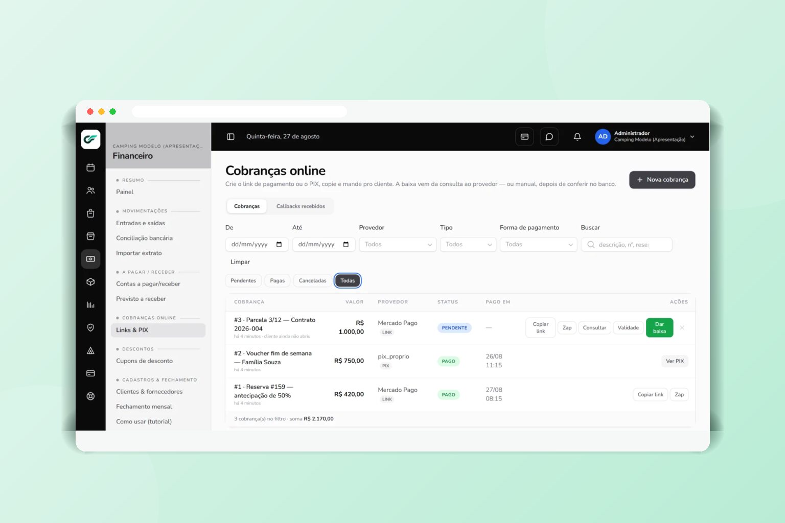 Tela de cobranças por link e PIX no CampFlow