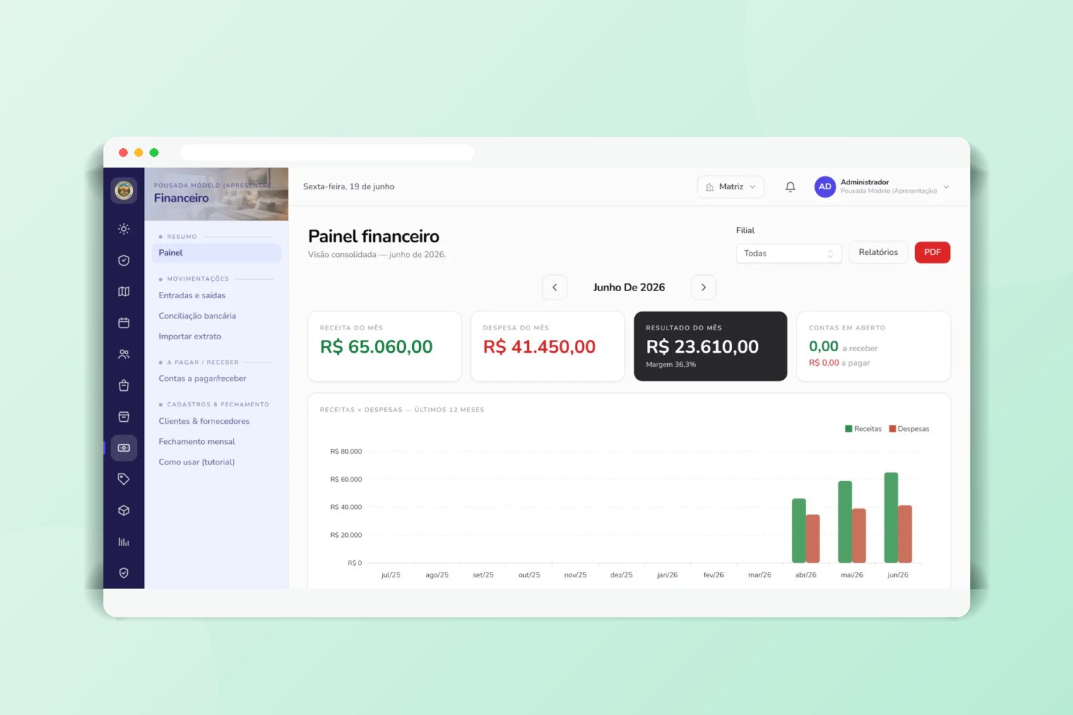 Painel financeiro com receitas, despesas e resultado do mês no CampFlow