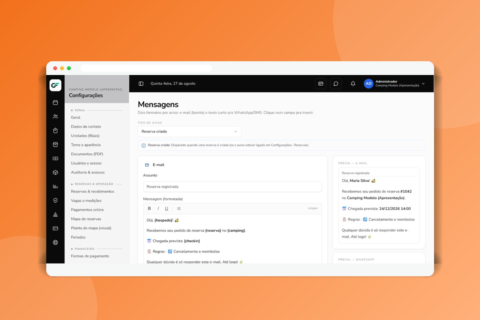 Mensagens automáticas por e-mail e WhatsApp configuradas no CampFlow